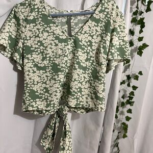 Lush Green Floral Tie-Front Blouse